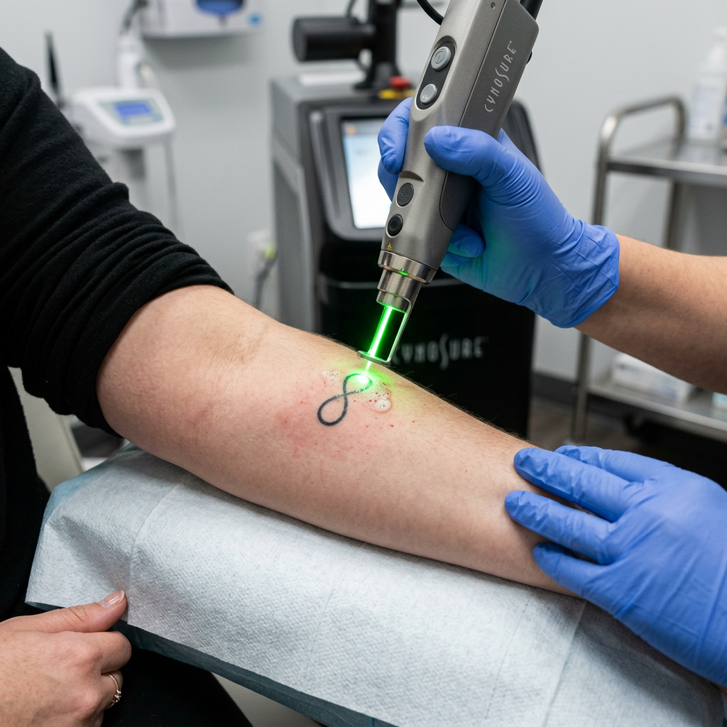 Laser device removing a black infinity tattoo on a forearm