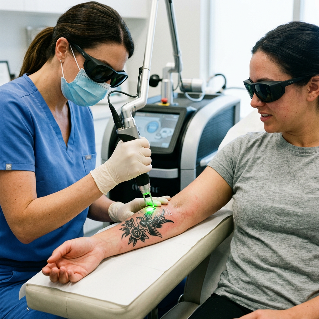 Technician using laser device on tattooed forearm for removal treatment