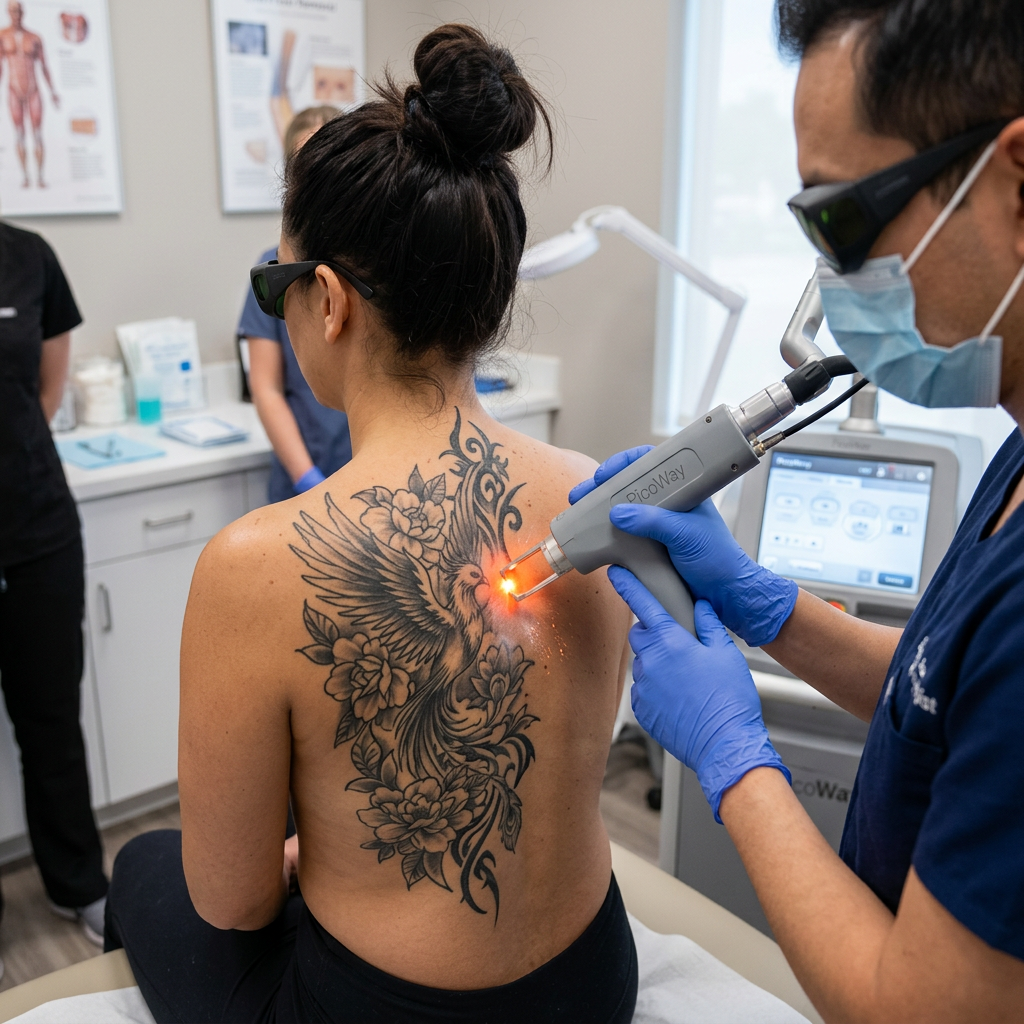 Technician using laser device to remove large back tattoo from a woman in a clinic