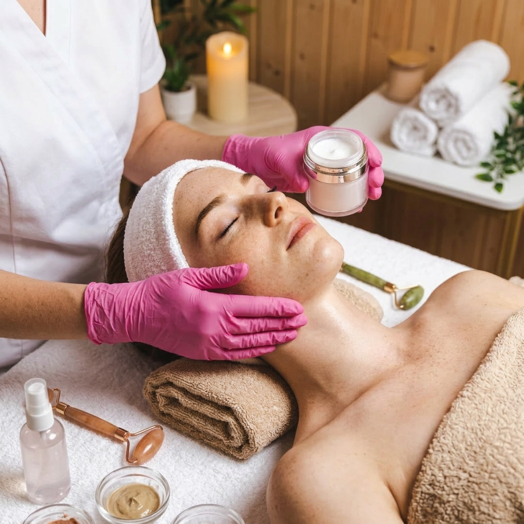 Woman receiving facial treatment with creams and jade roller nearby, another woman getting back massage in background