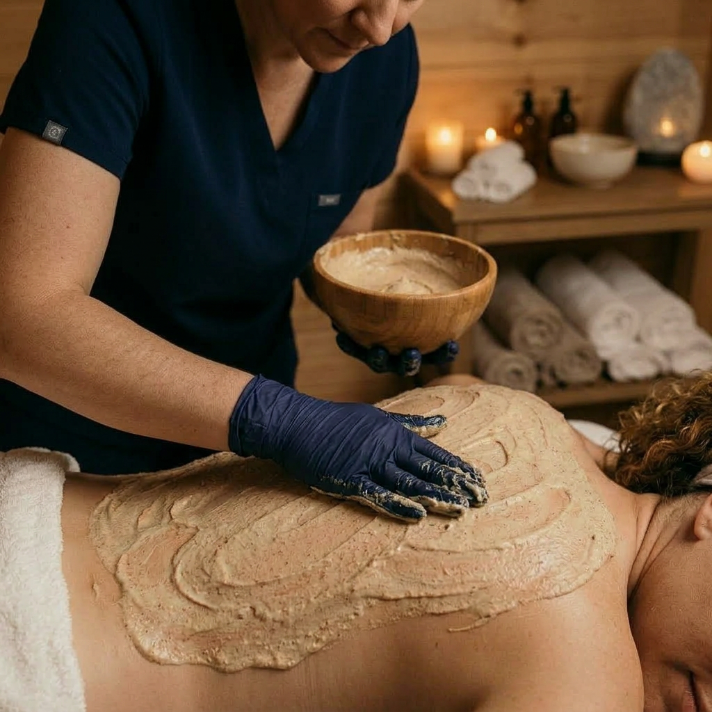 Woman lying face down on spa table receiving a clay body treatment from a therapist wearing gloves.